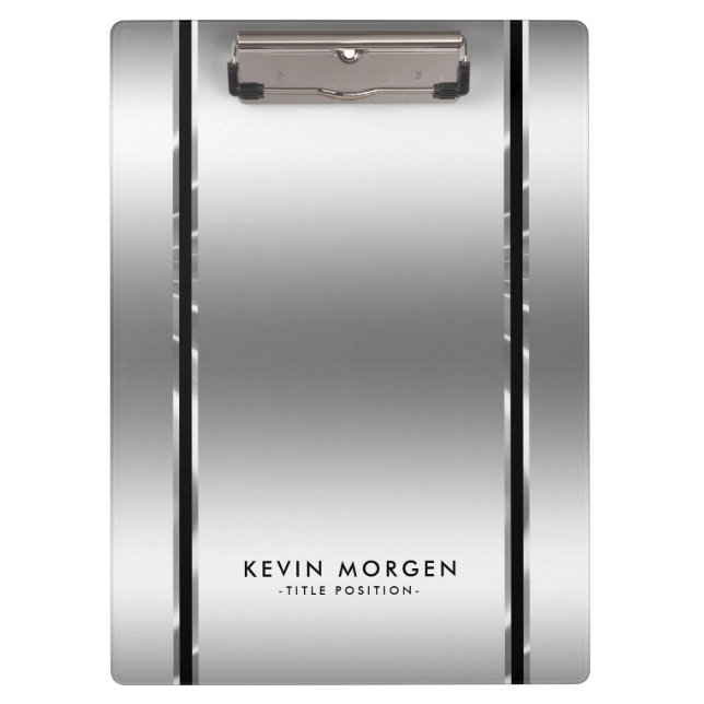 Black & Shiny Metallic Silver-Gray Stripes Clipboard (Front)