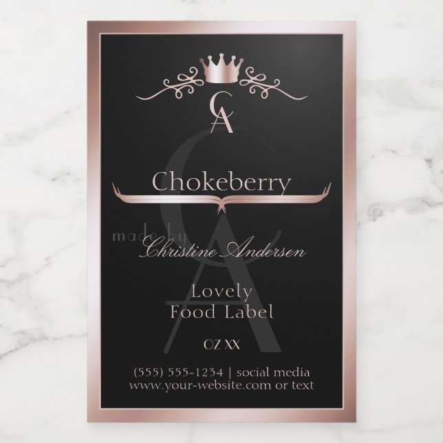 Black Shiny Product Label Rose Gold Frame Monogram (Single Label)