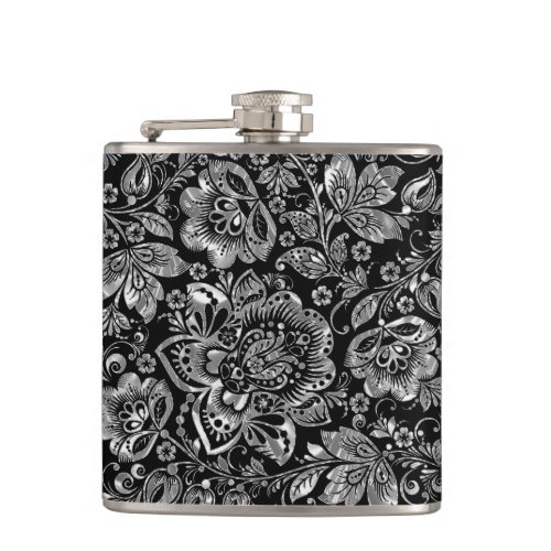 Black  Shiny Silver Flowers Damasks Pattern Hip Flask