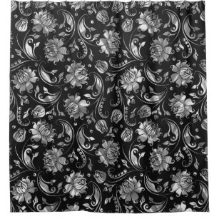Black & Shiny Silver Tones Floral Damasks Shower Curtain