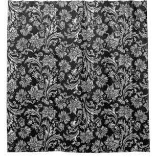 Black & Shiny Silver Vintage Floral Damasks Shower Curtain
