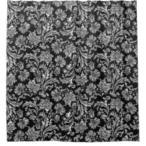 Black  Shiny Silver Vintage Floral Damasks Shower Curtain