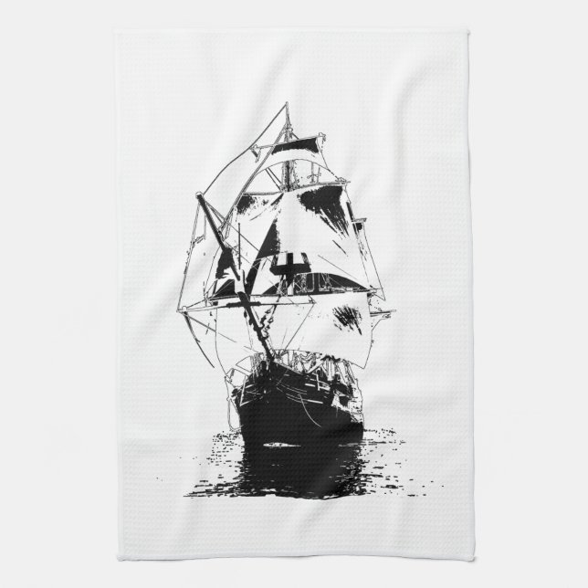 Black Ship Silhouette Kitchen Towel (Vertical)