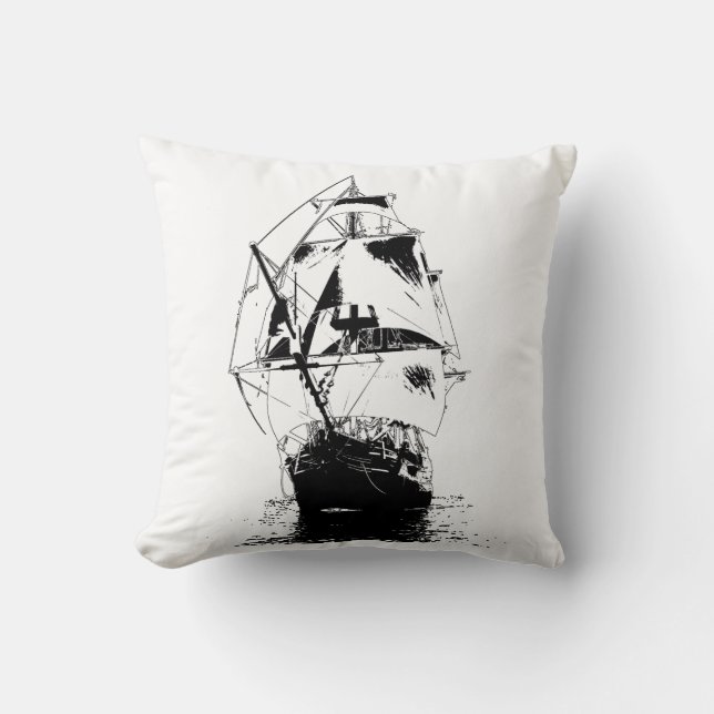 Black Ship Silhouette Throw Pillow (Front)