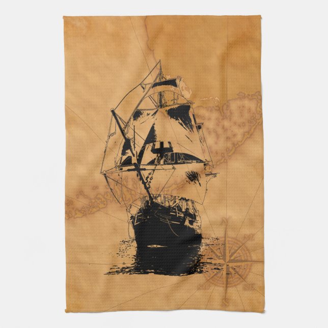 Black Ship Silhouette Towel (Vertical)
