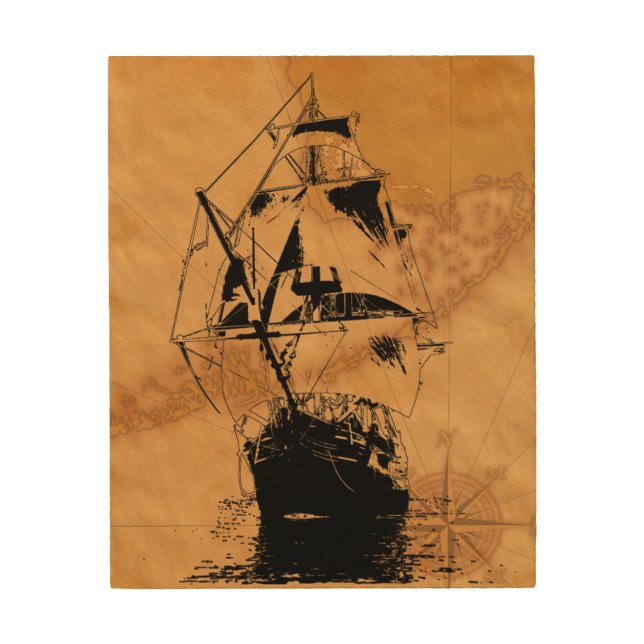 Black Ship Silhouette Wood Wall Decor (Front)