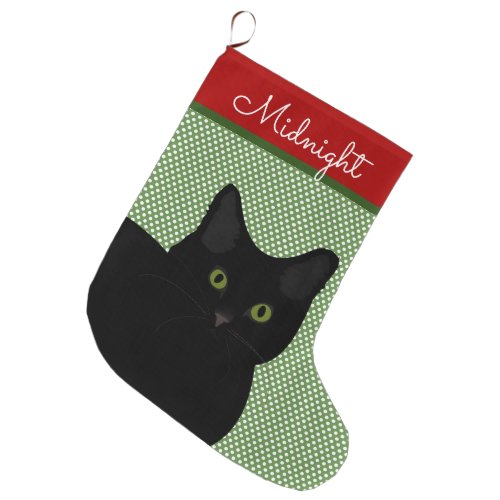 Black Short Hair Cat Green Eyes Personalized Large Christmas Stocking