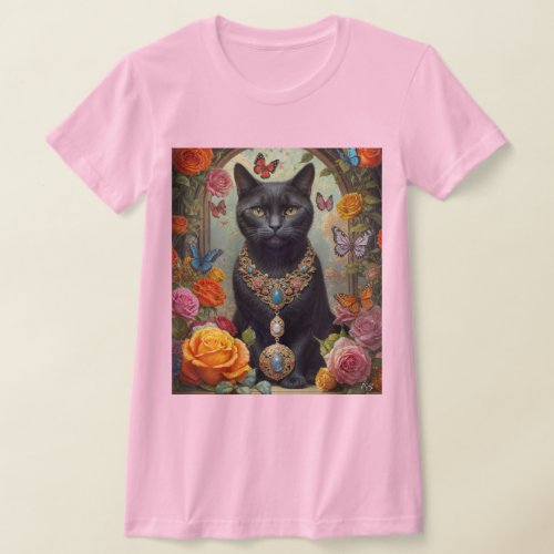 Black Shorthair Cat with Jewels and butterfly T_Shirt
