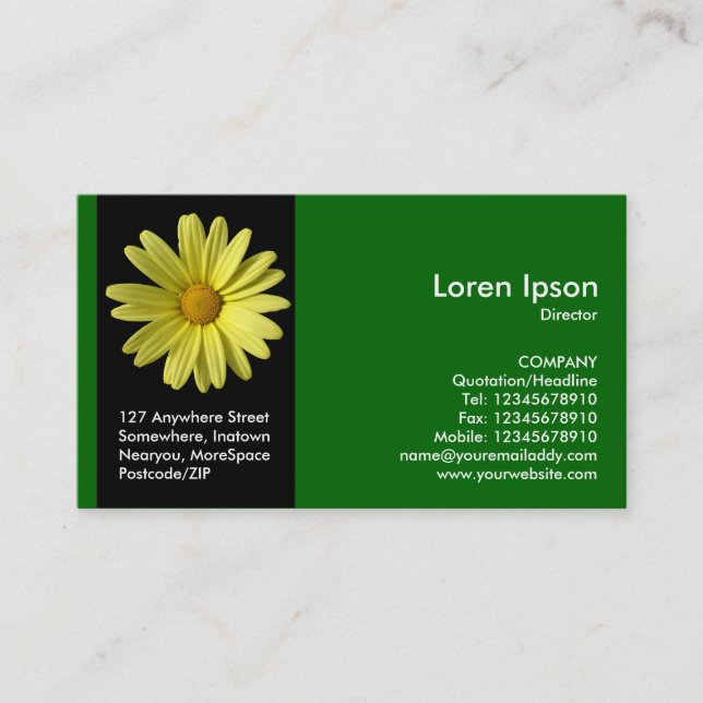 Black Side Band Flower - Yellow Daisy - Green Business Card (Front)