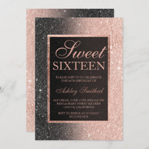 Black side rose gold glitter elegant chic Sweet 16 Invitation