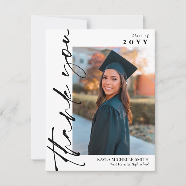 Black Signature Script Photo Graduation Thank You Card (Front)