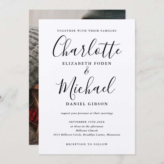 Black Signature Script Rustic Kraft Photo Wedding Invitation (Front/Back)