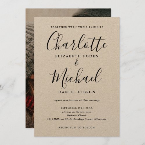 Black Signature Script Rustic Kraft Photo Wedding Invitation