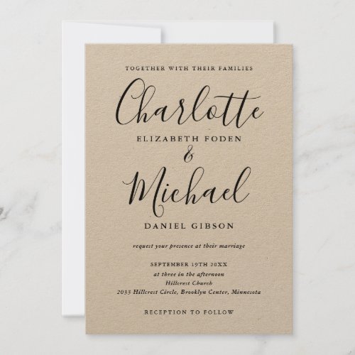 Black Signature Script Rustic Kraft Wedding  Invitation