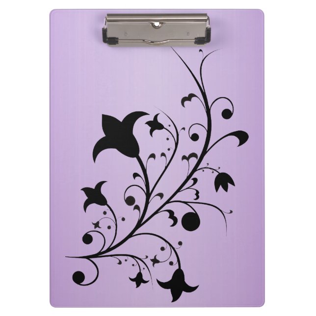 Black Silhouette Abstract Scroll Flowers Purple Clipboard (Front)