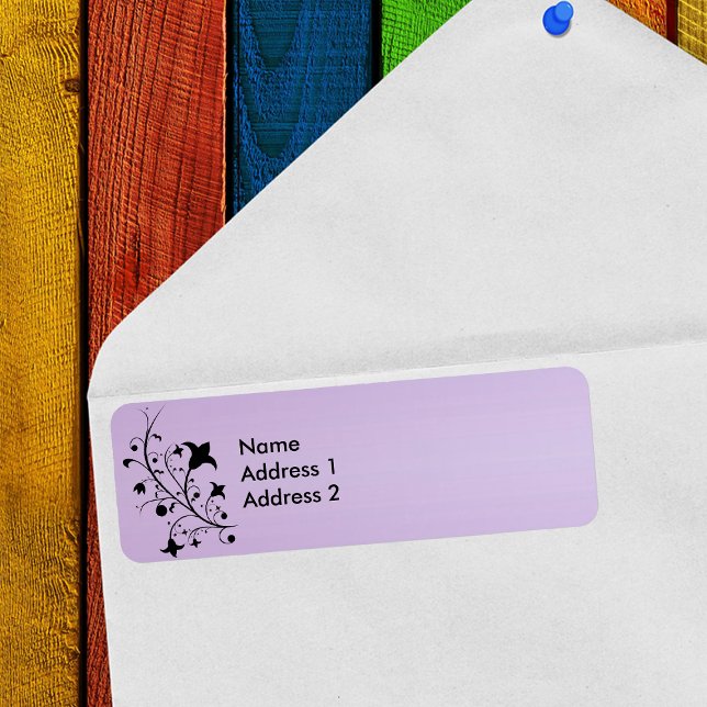 Black Silhouette Abstract Scroll Flowers Purple Label (Abstract black silhouette flowers on stem on purple return address labels.)