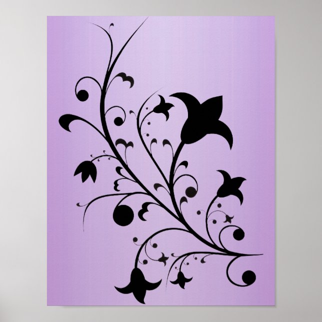 Black Silhouette Abstract Scroll Flowers Purple Poster (Front)