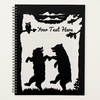 Black Silhouette Bears Dancing Owl In Tree Clouds Planner