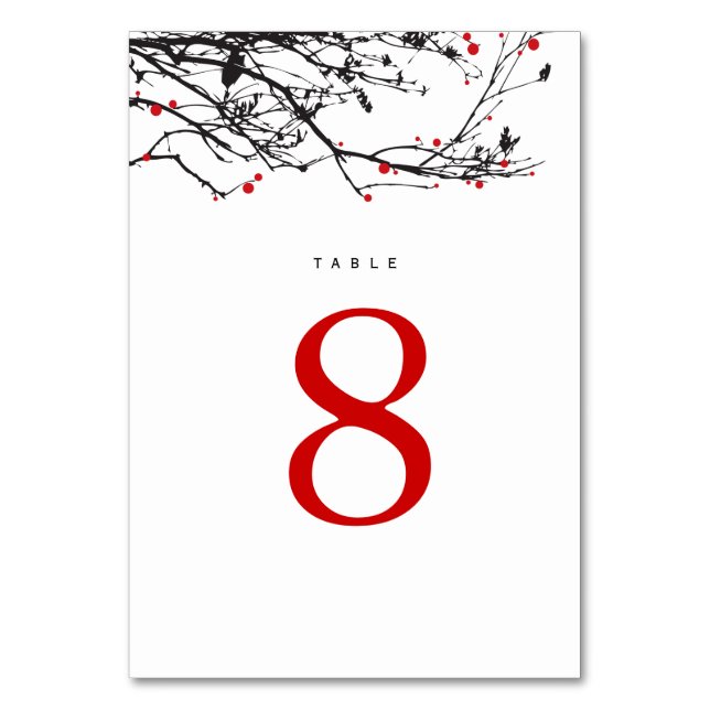 Black Silhouette Branches With Red Berries Wedding Table Number (Front)