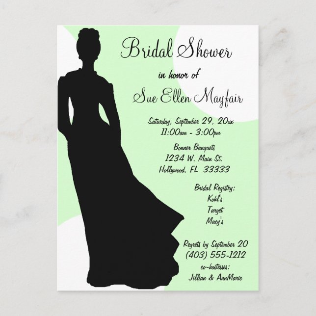 Black Silhouette Bride Green Polka Dot Background Invitation Postcard (Front)