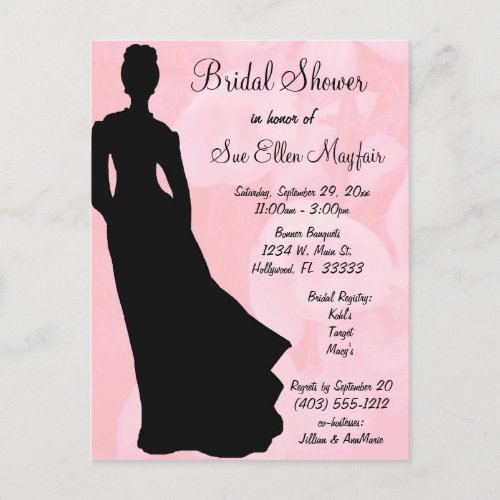 Black Silhouette Bride Pink Floral Background Invitation Postcard