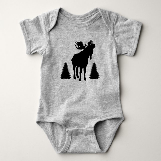 Black Silhouette Bull Moose Pine Trees Baby Bodysuit (Front)