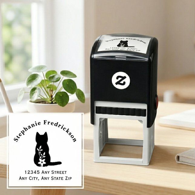Black Silhouette Cat Floral Pet Lover Self-inking Stamp (Cute silhouette cat address stamp for the feline obsessed — perfect holiday gift idea for cat moms)