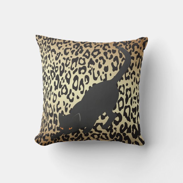 Black Silhouette Cat on Cheetah Background Throw Pillow (Front)