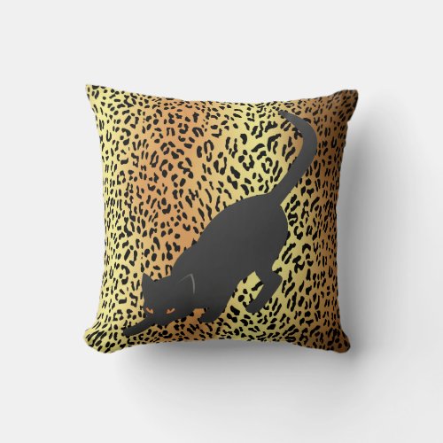 Black Silhouette Cat on Leopard Print Throw Pillow