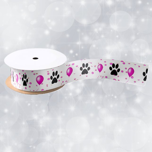 Black Silhouette Cat Paw Prints Pink Balloons Dots Satin Ribbon (black cat paw prints, bright pink balloons  and polka dots on gift wrap or decorative ribbon.)