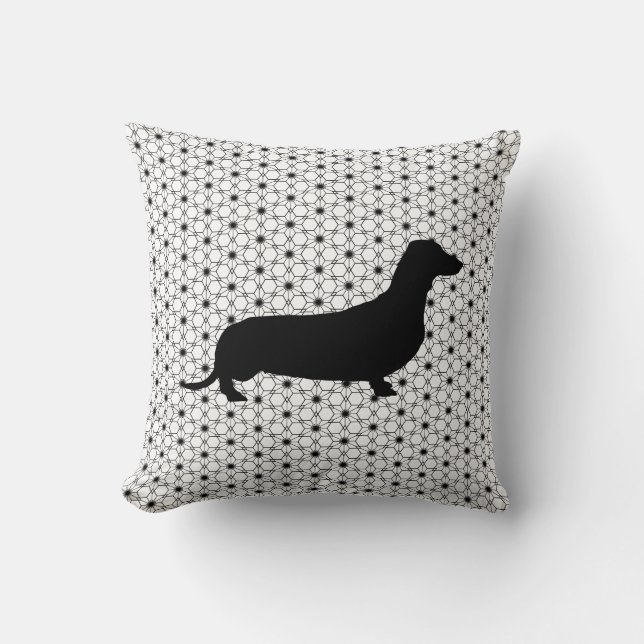Black Silhouette Dachshund on Black and White Throw Pillow (Front)