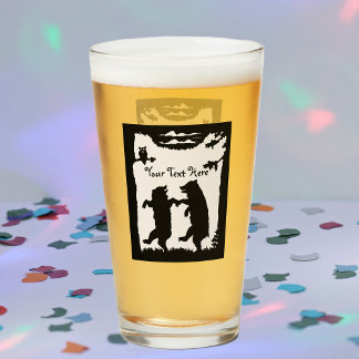 Black Silhouette Dancing Bears Trees Owl On Branch Glass