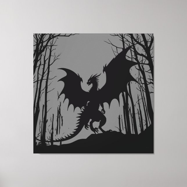 Black Silhouette Dragon on Grey - Fantasy | Canvas Print (Front)