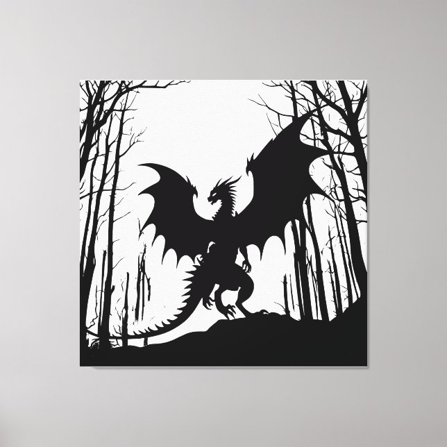 Black Silhouette Dragon on White - Fantasy | Canvas Print (Front)