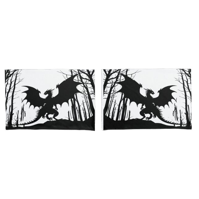 Black Silhouette Dragon on White - Fantasy | Pillow Case (Front-Set)