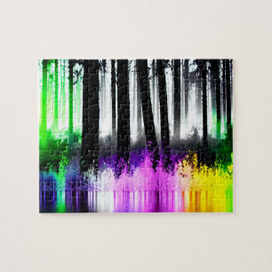 Black Silhouette Forest with Multicolor Splashes Jigsaw Puzzle