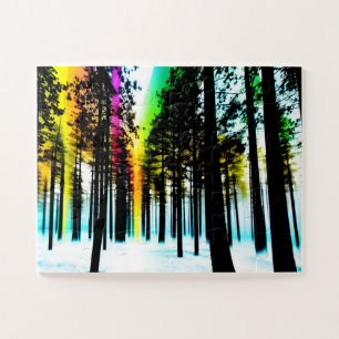 Black Silhouette Forest with Rainbow Glow for Kids Jigsaw Puzzle