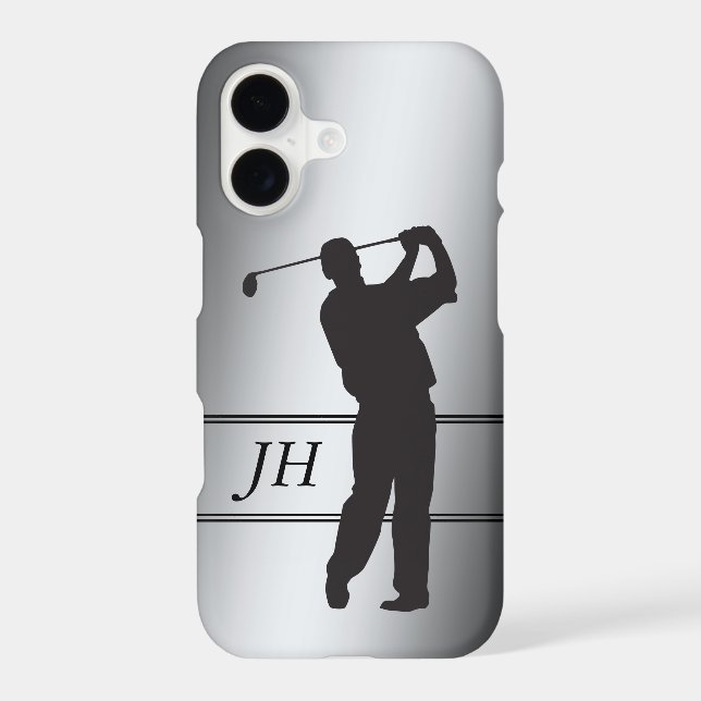 Black Silhouette Golfer on Silver Monogram  iPhone Case (Back)
