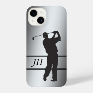 Black Silhouette Golfer on Silver Monogram iPhone 14 Case