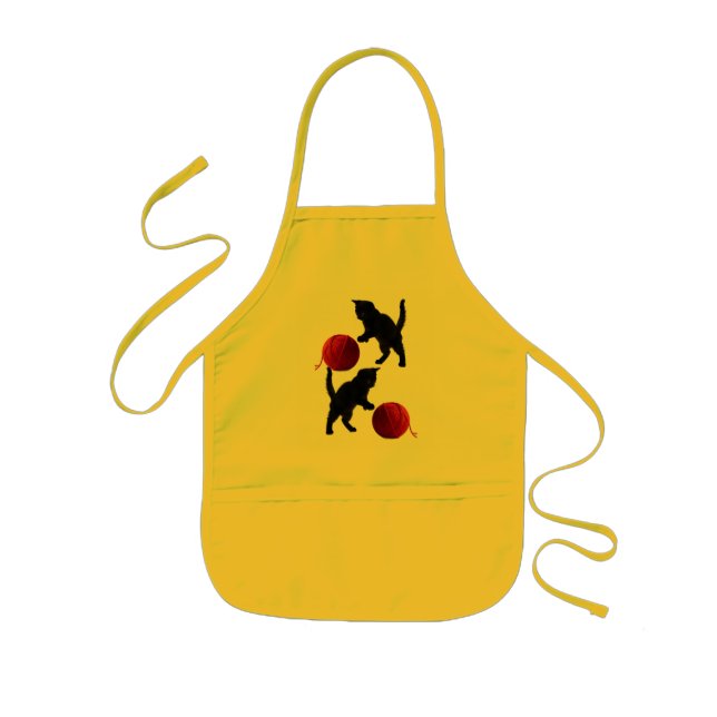 Black Silhouette Kitty, with red wool Ball Kids' Apron (Front)