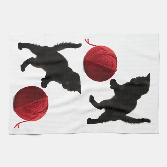 Black Silhouette Kitty, with red wool Ball Kitchen Towel (Horizontal)