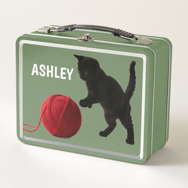 Black Silhouette Kitty, with red wool Ball Lunch b Metal Lunch Box (Front)