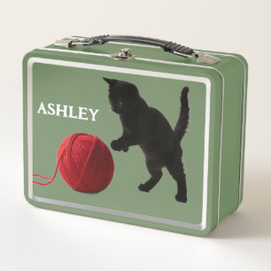Black Silhouette Kitty, with red wool Ball Metal Lunch Box