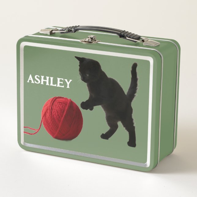 Black Silhouette Kitty, with red wool Ball Metal Lunch Box (Front)