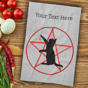 Black Silhouette of Cat With Star Red Pentagram Kitchen Towel