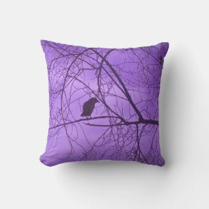 Black Silhouette of Crow Tree Branches Purple Sky Throw Pillow