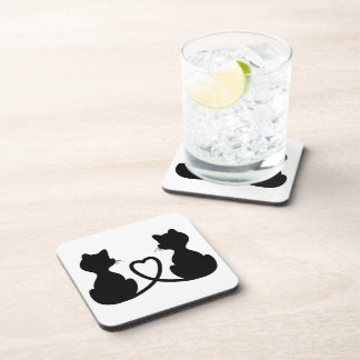 Black Silhouette Of Two Cats In Love Coaster