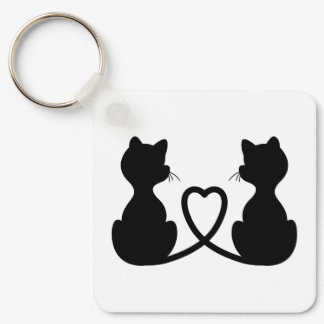 Black Silhouette Of Two Cats In Love Keychain