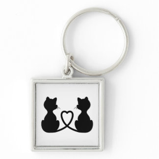 Black Silhouette Of Two Cats In Love Keychain