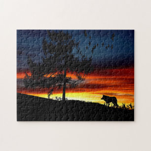 Black Silhouette of Wolf, Birds and Tree in Sunset Jigsaw Puzzle